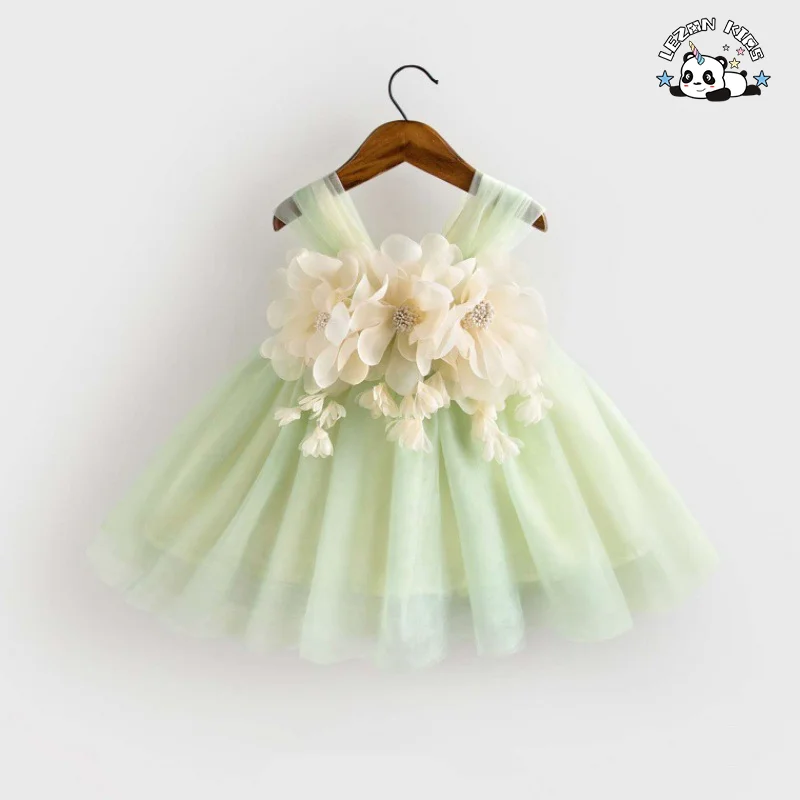 LEZONKIDS - Solid Flower Girl Casual Formal Dress Kids Elegant Cute Summer Floral Print Short Appliques Girl Dress